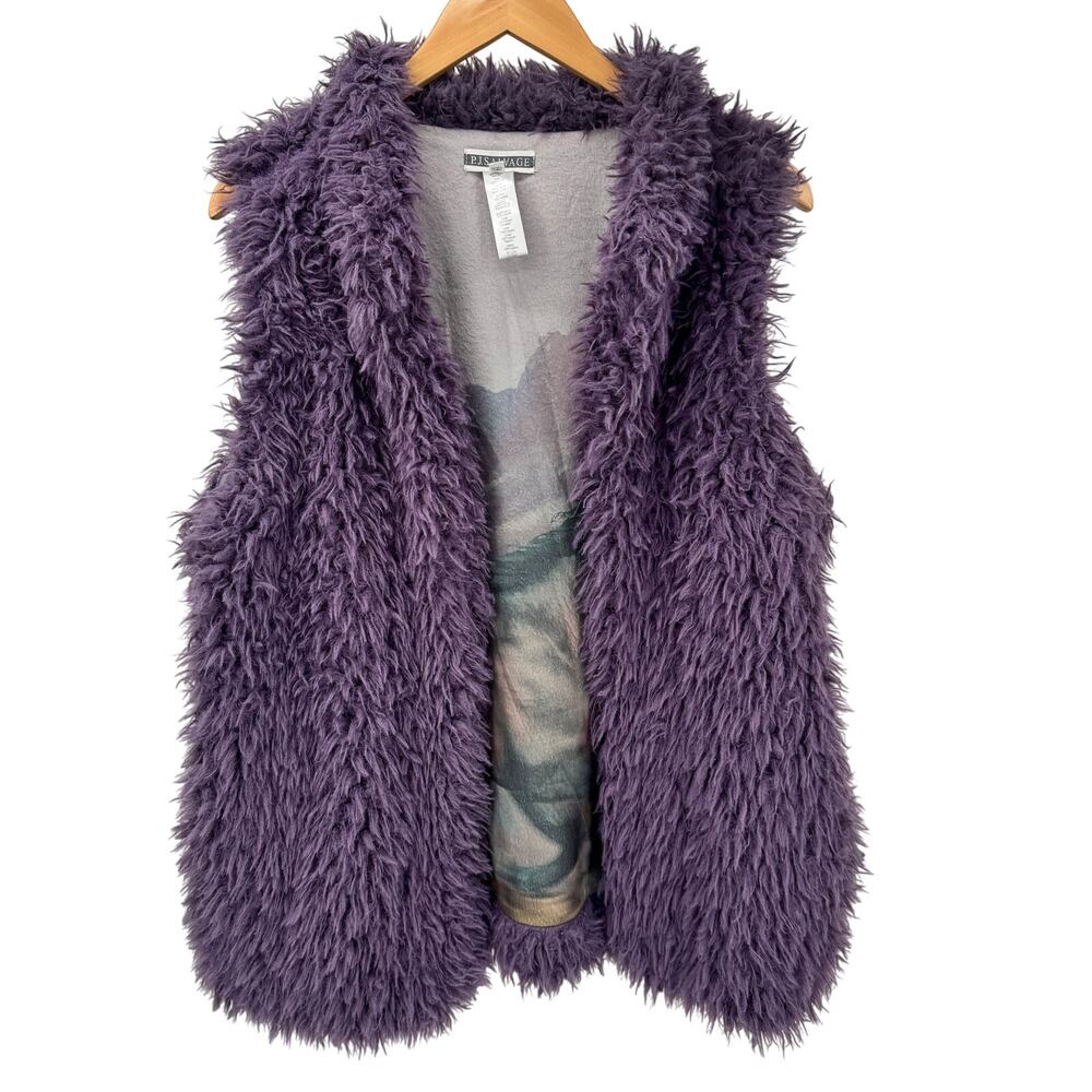 PJ Salvage Vest Womens Medium Purple Shag Open Jacket Comfy Horse Print Liner